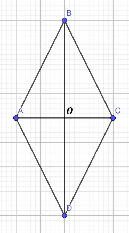 Расстояние от точки пересечения диагоналей ромба до его вершины 8см. и 6см.Какова длина диагонали? С