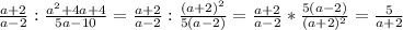 \frac{a+2}{a-2} :\frac{a^{2}+4a+4}{5a-10} =\frac{a+2}{a-2}:\frac{(a+2)^{2}}{5(a-2)}=\frac{a+2}{a-2}*\frac{5(a-2)}{(a+2)^{2}} =\frac{5}{a+2}