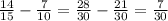 \frac{14}{15} -\frac{7}{10}= \frac{28}{30}-\frac{21}{30}=\frac{7}{30}