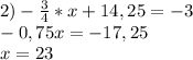 2)-\frac{3}{4} * x +14,25= -3\\-0,75x=-17,25\\x=23