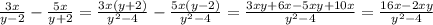 \frac{3x}{y-2} -\frac{5x}{y+2} =\frac{3x(y+2)}{y^{2}-4} -\frac{5x(y-2)}{y^{2}-4} =\frac{3xy+6x-5xy+10x}{y^{2}-4} =\frac{16x-2xy}{y^{2}-4}