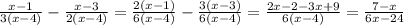 \frac{x-1}{3(x-4)} -\frac{x-3}{2(x-4)} =\frac{2(x-1)}{6(x-4)} -\frac{3(x-3)}{6(x-4)} =\frac{2x-2-3x+9}{6(x-4)} =\frac{7-x}{6x-24}