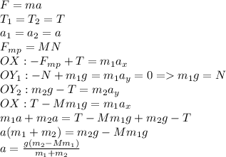 F = ma\\T_1=T_2=T\\a_1=a_2=a\\F_m_p = MN\\ OX:-F_m_p+T=m_1a_x\\OY_1: -N+m_1g = m_1a_y=0=m_1g=N\\OY_2: m_2g-T=m_2a_y\\OX: T-Mm_1g=m_1a_x\\m_1a+m_2a=T-Mm_1g+m_2g-T\\a(m_1+m_2)=m_2g-Mm_1g\\a=\frac{g(m_2-Mm_1)}{m_1+m_2}