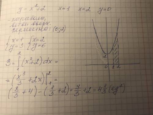 Определить площадь фигуры, ограниченной линиями у = х^2+2, х=1, х= 2, у = 0.
