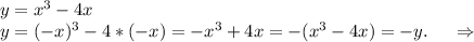 y=x^3-4x\\y=(-x)^3-4*(-x)=-x^3+4x=-(x^3-4x)=-y.\ \ \ \ \Rightarrow