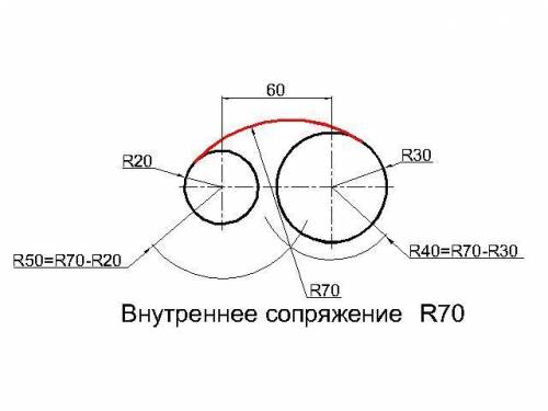 Даны 2 окружности R1=20 R2=30. Расстояние между центрами окружностей =60. Построить внешнее сопряжен