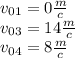 v_{01} = 0 \frac{m}{c} \\ v_{03} = 14 \frac{m}{c} \\ v_{04} = 8 \frac{m}{c}