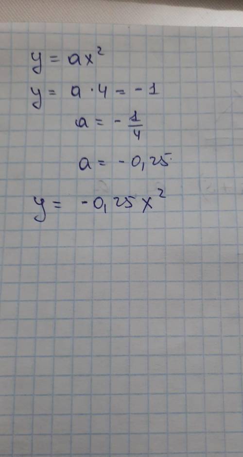 График функции y=ax^2 проходит через точку (–2; –1). Определите значение коэффициента а.​