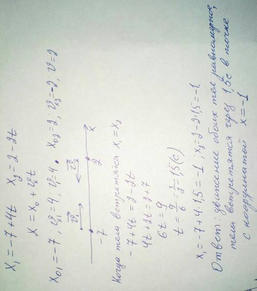 Даны уравнения движения двух тел: x = -7 + 4t и x = 2 - 2t. Опишите движение: чему равна начальная к
