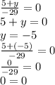\frac{5 + y}{ - 29} = 0 \\ 5 + y = 0 \\ y = - 5 \\ \frac{5 + ( - 5)}{ - 29} = 0 \\ \frac{0}{ - 29} = 0 \\ 0 = 0