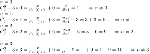 n=0.\\C_3^0+3*0=\frac{3!}{(3-0)!*0!}+0=\frac{3!}{3!*1}=1.\ \ \ \ \Rightarrow n\neq 0.\\n=1.\\C_3^1+3*1=\frac{3!}{(3-1)!*1!}+3=\frac{2!*3}{2!*1}+3=3+3=6. \ \ \ \ \Rightarrow n\neq 1.\\n=2.\\ C_3^2+3*2=\frac{3!}{(3-2)!*2!}+6=\frac{2!*3}{1!*2!} +6=3+6=9\ \ \ \ \Rightarrow n=2.\\ \\n=3\\C_3^3+3*3=\frac{3!}{(3-3)!*3!} +9=\frac{1}{0!} +9=\frac{1}{1} +9=1+9=10\ \ \ \ \Rightarrow n\neq 3.\\