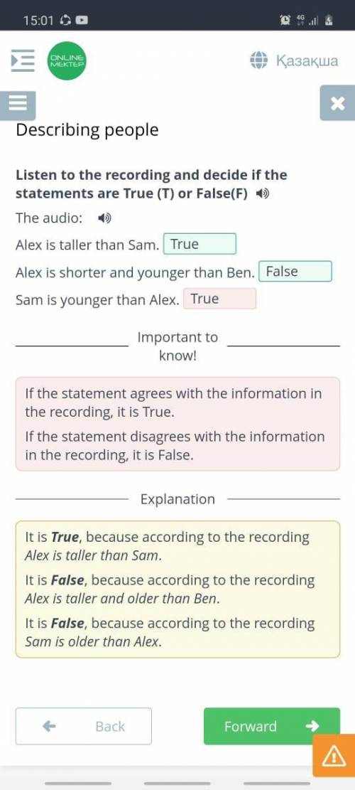 Listen to the recording and decide if the statements are True (T) or False(F) 0) The audio:Alex is t