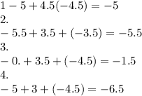 1 - 5 + 4.5( - 4.5) = - 5 \\ 2. \\ - 5.5 + 3.5 + ( - 3.5) = - 5.5 \\ 3. \\ - 0. + 3.5 + ( - 4.5) = - 1.5 \\ 4. \\ - 5 + 3 + ( - 4.5) = - 6.5