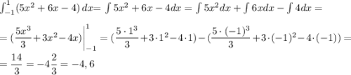 \[ \int_{-1}^{1} (5x^2+6x-4) \,dx \] = \int5x^2+6x-4dx = \int 5x^2dx+\int6xdx-\int4dx =\\\\=( \dfrac{5x^3}{3}+3x^2 -4x )\bigg\rvert_{-1}^1 = (\dfrac{5\cdot1^3}{3}+3\cdot1^2 -4\cdot1 ) - (\dfrac{5\cdot(-1)^3}{3}+3\cdot(-1)^2 -4\cdot(-1) )=\\\\ = \dfrac{14}{3} = - 4\dfrac{2}{3} = - 4,6