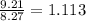 \frac{9.21}{8.27} = 1.113