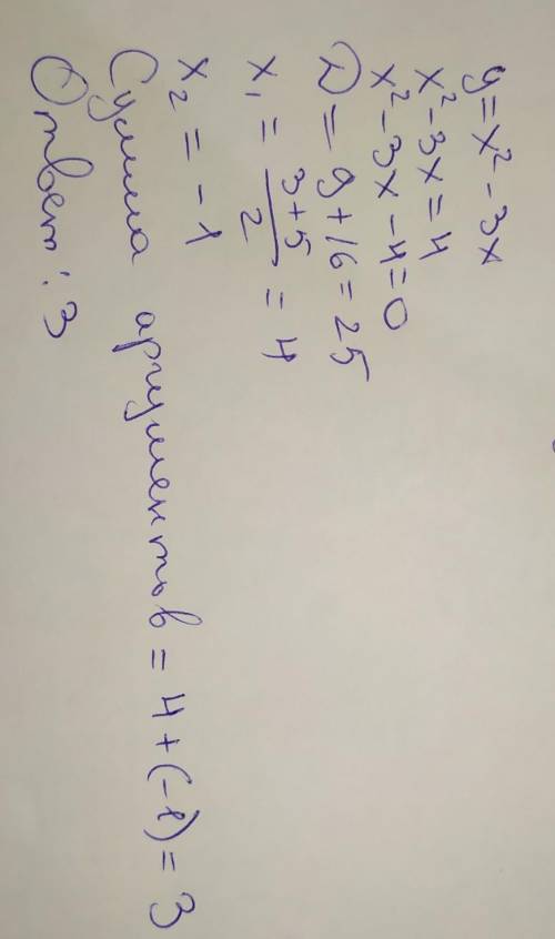 Знайдіть суму значень аргументів, при яких значення функції y = x2 - 3x дорівню бистро
