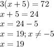 3(x+5)=72\\x+5=24\\x=24-5\\x=19; x\neq -5\\x=19