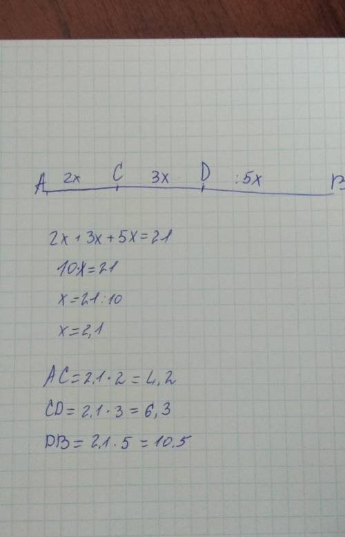 Отрезок AB, длина которого равна 21 см, разделён точками С и D на три части в отношении 2 : 3 : 5. Ч
