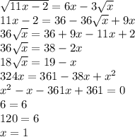\sqrt{11x-2} =6x-3\sqrt{x} \\11x - 2=36-36\sqrt{x} +9x\\36\sqrt{x} = 36+9x-11x+2\\36\sqrt{x} =38-2x\\18\sqrt{x} =19-x\\324x=361-38x+x^{2} \\x^{2} -x-361x+361=0\\6=6\\120=6\\x=1