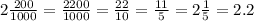 2 \frac{200}{1000 } = \frac{2200}{1000} = \frac{22}{10} = \frac{11}{5} = 2 \frac{1}{5} = 2.2