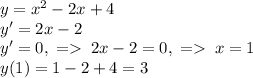 y=x^2-2x+4\\y'=2x-2\\y'=0,\;=\;2x-2=0,\;=\;x=1\\y(1)=1-2+4=3