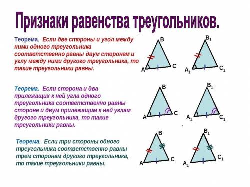запиши в тетрадь 3 признака равенства треугольников ,сопровождая чертежами