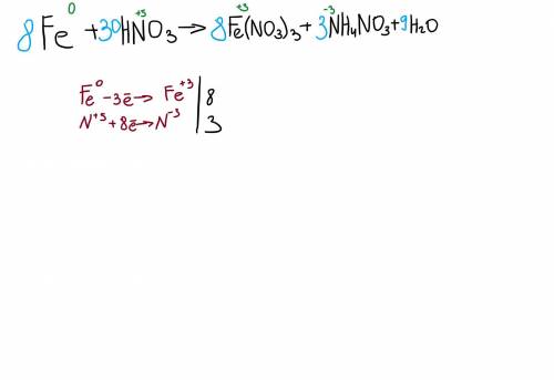 Fe+hno3(p) -fe(no3) 3+nh4no3+h2o расставить коэффициенты методом электронного баланса​