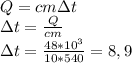 Q = cmзt\\зt = \frac{Q}{cm} \\зt = \frac{48 * 10^3}{10*540}= 8,9