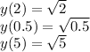 y(2) = \sqrt{2} \\ y(0.5) = \sqrt{0.5} \\ y(5) = \sqrt{5}
