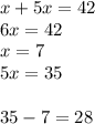 x+5x=42\\ 6x=42\\ x=7\\ 5x=35\\ \\ 35-7=28