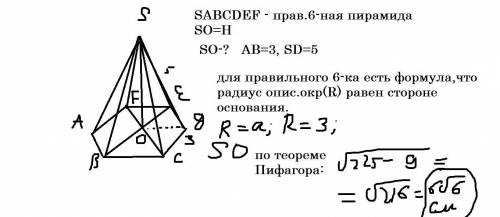 изобразите правильную шестиугольную пирамиду. найдите ее высоту если стороны основания равны 3, а бо