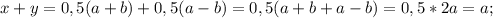 x+y=0,5(a+b)+0,5(a-b)=0,5(a+b+a-b)=0,5*2a=a;
