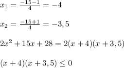 x_{1}= \frac{-15-1}{4}=-4\\\\x_{2}=\frac{-15+1}{4} =-3,5\\\\2x^{2}+15x+28=2(x+4)(x+3,5)\\\\(x+4)(x+3,5)\leq 0