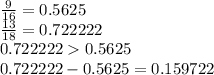 \frac{9}{16} = 0.5625 \\ \frac{13}{18} = 0.722222 \\ 0.722222 0.5625 \\ 0.722222 - 0.5625 = 0.159722