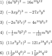 1)\;\;(4a^5b^6)^2 = 16a^{10}b^{12}\\\\2)\;\;(-3xy^2)^3 = -27x^3y^6\\\\3)\;\;(-2a^7b^3c)^2 = 4a^{14}b^6c^2\\\\4)\;\;(-\frac{1}{5}m^3b^2)^3=-\frac{1}{125} m^9b^6\\\\5)\;\;(11x^9y^3z)^2 = 121x^{18}y^6z^2\\\\6)\;\;(1\frac{1}{3}p^{12}q^6)^2=1\frac{7}{9}p^{24}q^{12}