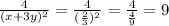 \frac{4}{(x+3y)^{2} }= \frac{4}{(\frac{2}{3} )^{2} } = \frac{4}{\frac{4}{9} } = 9