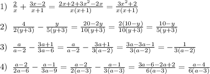 1)\;\;\frac{2}{x}+\frac{3x-2}{x+1} = \frac{2x+2+3x^2-2x}{x(x+1)} = \frac{3x^2+2}{x(x+1)}\\\\2)\;\;\frac{4}{2(y+3)}-\frac{y}{5(y+3)} = \frac{20-2y}{10(y+3)} = \frac{2(10-y)}{10(y+3)} = \frac{10-y}{5(y+3)}\\\\3)\;\;\frac{a}{a-2}-\frac{3a+1}{3a-6} = \frac{a}{a-2}-\frac{3a+1}{3(a-2)} = \frac{3a-3a-1}{3(a-2)} = -\frac{1}{3(a-2)}\\\\4)\;\;\frac{a-2}{2a-6}-\frac{a-1}{3a-9} = \frac{a-2}{2(a-3)}-\frac{a-1}{3(a-3)} = \frac{3a-6-2a+2}{6(a-3)}=\frac{a-4}{6(a-3)}\\