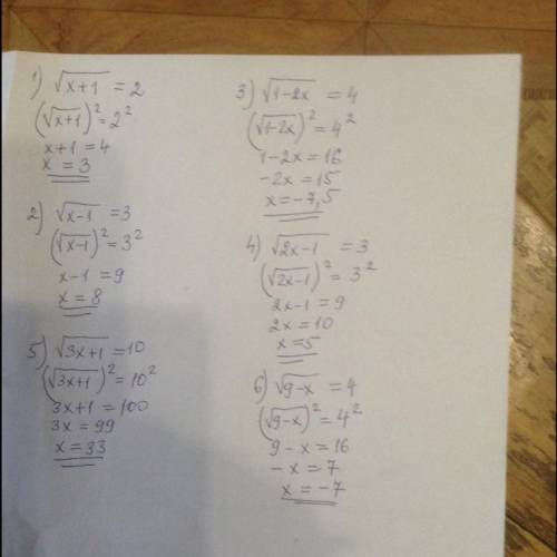 Решите уравнение (114-117)1)√х+1=22)√х-1=33)√1-2х=4​