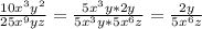 \frac{10x^{3}y^{2}}{25x^{9}yz}=\frac{5x^{3}y*2y }{5x^{3}y*5x^{6}z} =\frac{2y}{5x^{6}z }