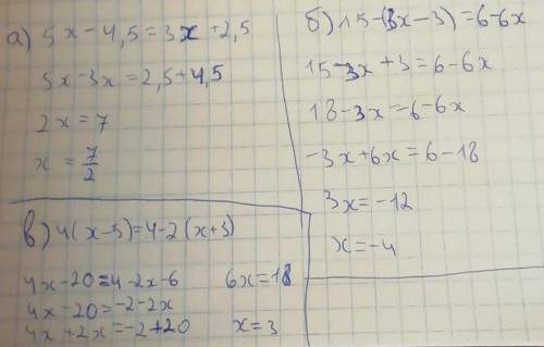 А) 5х – 4,5 = 3х + 2,5; б) 15− (3х − 3) = 6 − 6х; в) 4(х – 5) = 4 – 2(х + 3)