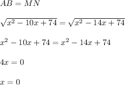 AB=MN\\\\\sqrt{x^2-10x+74}=\sqrt{x^2-14x+74}\\\\x^2-10x+74=x^2-14x+74\\\\4x=0\\\\x=0