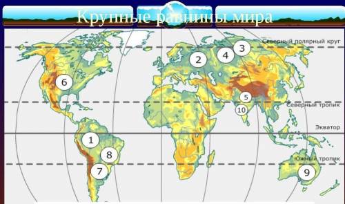 На контурной карте найдите крупнейшие равнины мира. Определите под какими цифрами обозначены данные