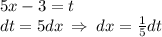 5x - 3 = t \\ dt = 5dx \: \Rightarrow \: dx = \frac{1}{5} dt
