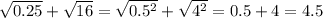 \sqrt{0.25} + \sqrt{16} =\sqrt{0.5^2} + \sqrt{4^2} = 0.5 + 4 = 4.5