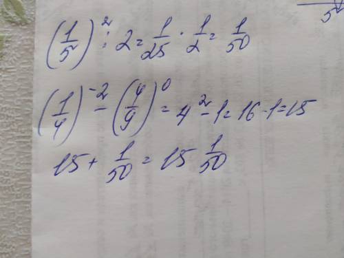 Вычислите: (1/4)^-2-(4/9)^0+(1/5)^2:2​