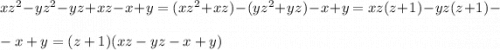 xz^2-yz^2-yz+xz-x+y=(xz^2+xz)-(yz^2+yz)-x+y=xz(z+1)-yz(z+1)-\\\\-x+y = (z+1)(xz-yz-x+y)