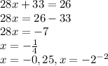 28x+33=26\\28x=26-33\\28x=-7\\x=-\frac{1}{4} \\x=-0,25, x=-2^{-2}