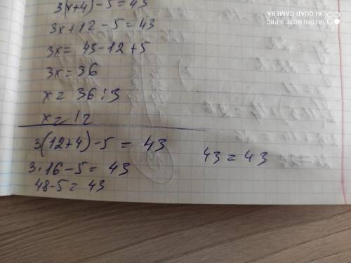Решите уравнение и выполните проверку. 3(x+4)-5=43