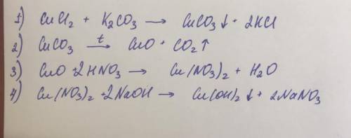 Напишіть рівняння реакцій, за до яких можна здійснити перетворення речовини CuCl2-CuCO3-CuO-Cu(NO3)2