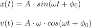 x(t)=A\cdot sin(\omega t+\phi_0)\\\\v(t)=A\cdot \omega\cdot cos(\omega t +\phi_0)
